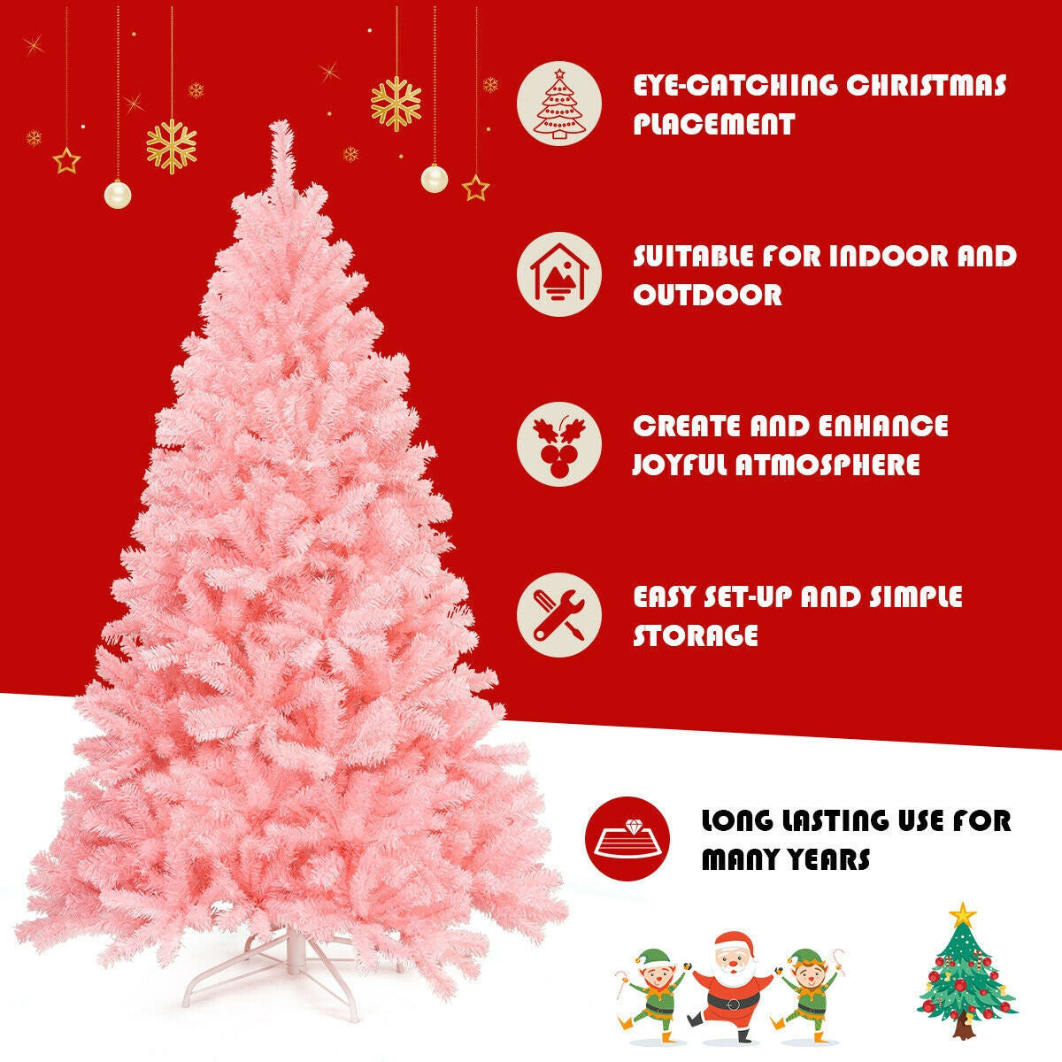 6 Feet Pink Artificial Hinged Spruce Full Christmas Tree with Foldable Metal Stand