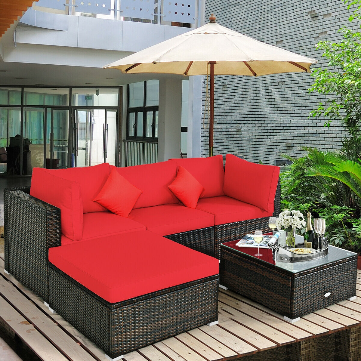 5 Pieces Outdoor Patio Rattan Furniture Set With Cushions-Beige