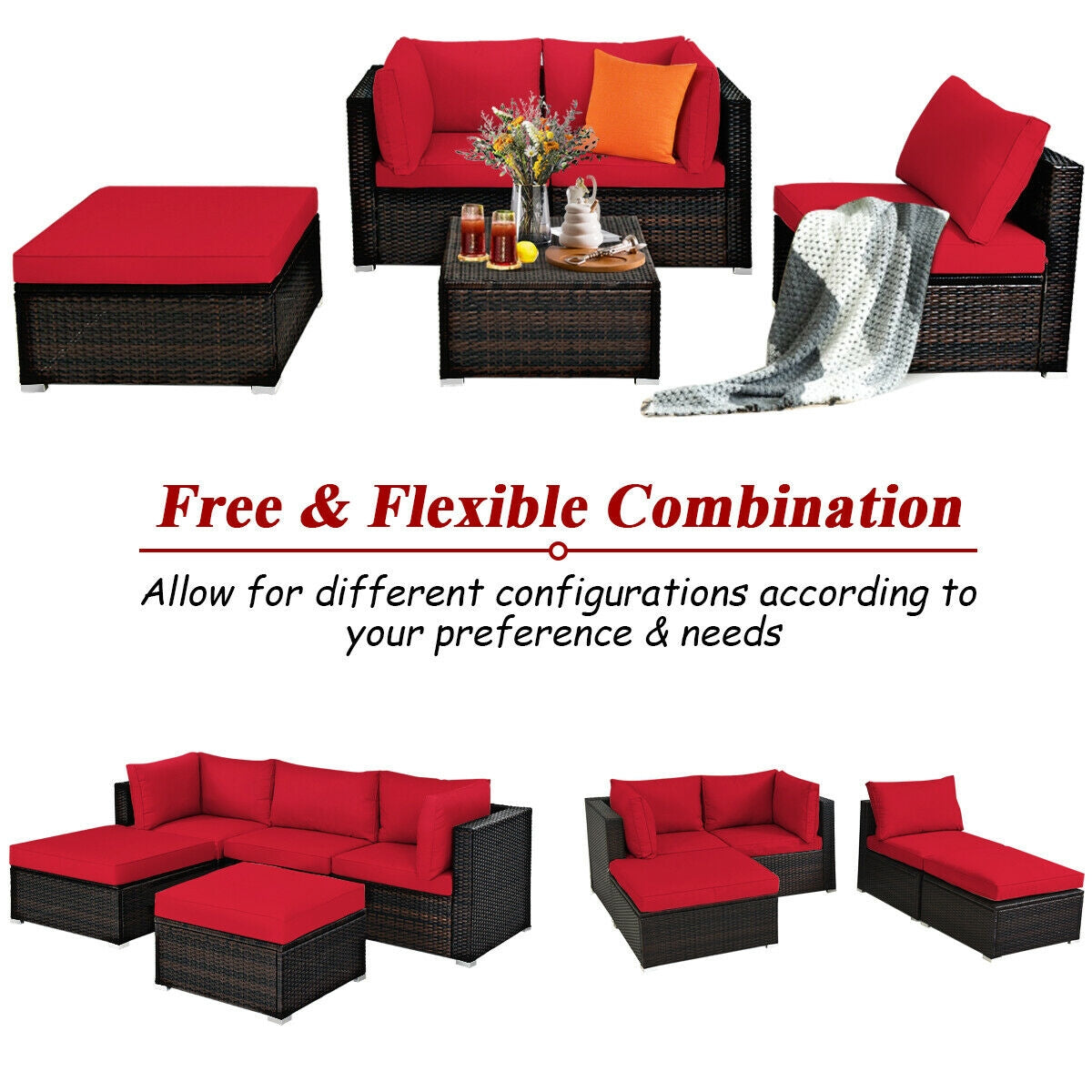 5 Pieces Patio Rattan Sectional Conversation Ottoman Furniture Set-Blue