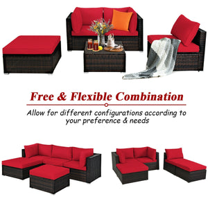 5 Pieces Patio Rattan Sectional Conversation Ottoman Furniture Set-Blue