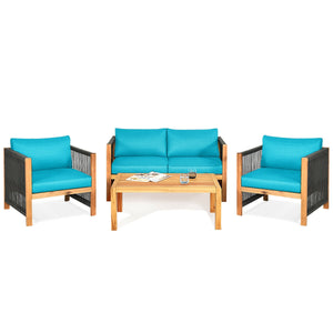 4 Pieces Acacia Wood Outdoor Patio Furniture Set with Cushions-Gray