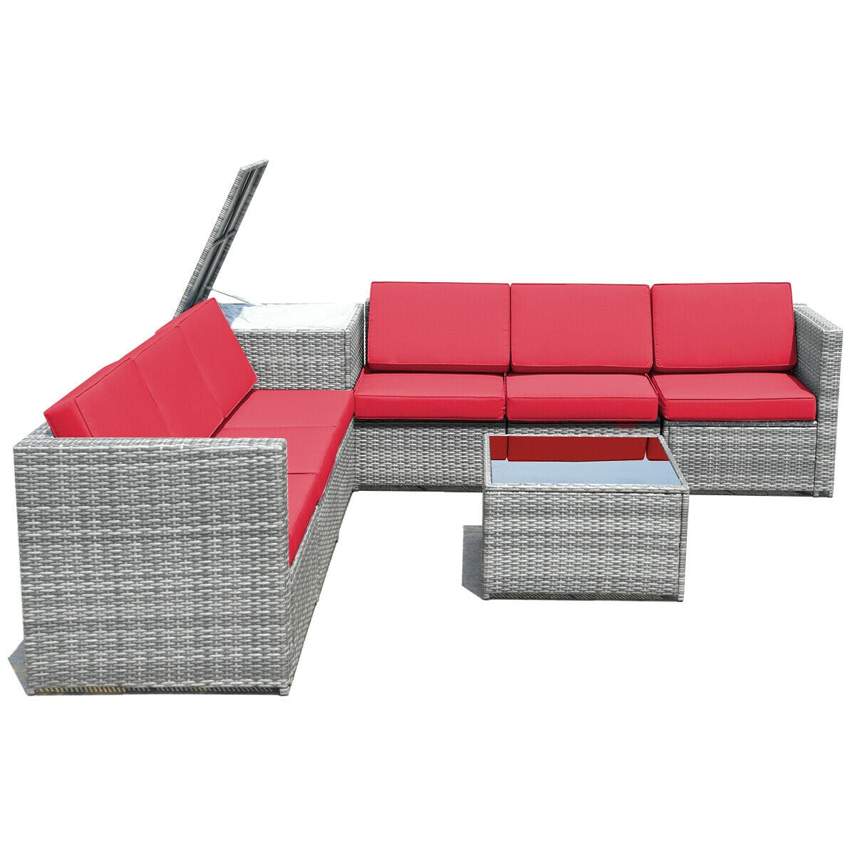 8 Pieces Wicker Sofa Rattan Dining Set Patio Furniture with Storage Table-Gray