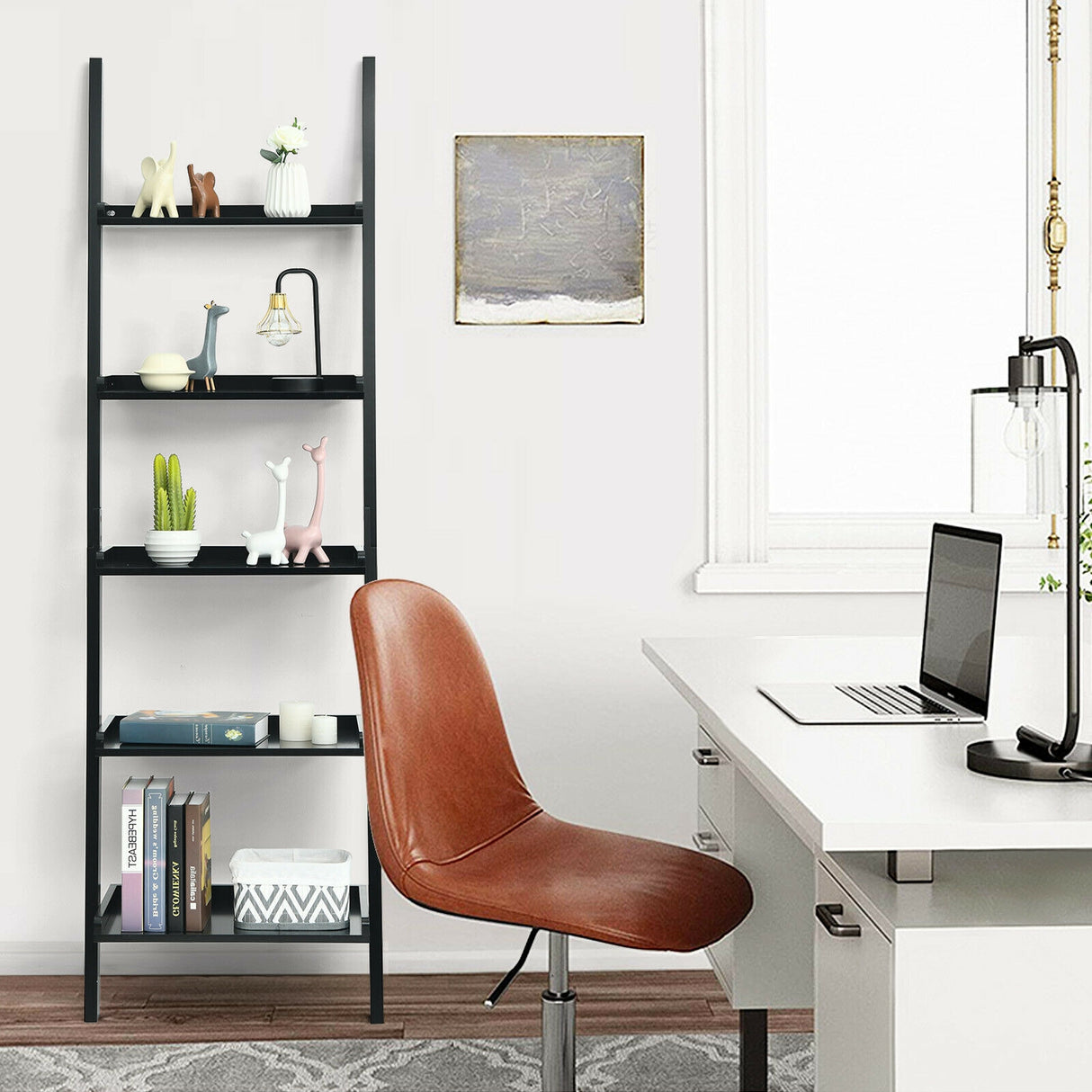 5-Tier Wall-leaning Ladder Shelf  Display Rack for Plants and Books-White