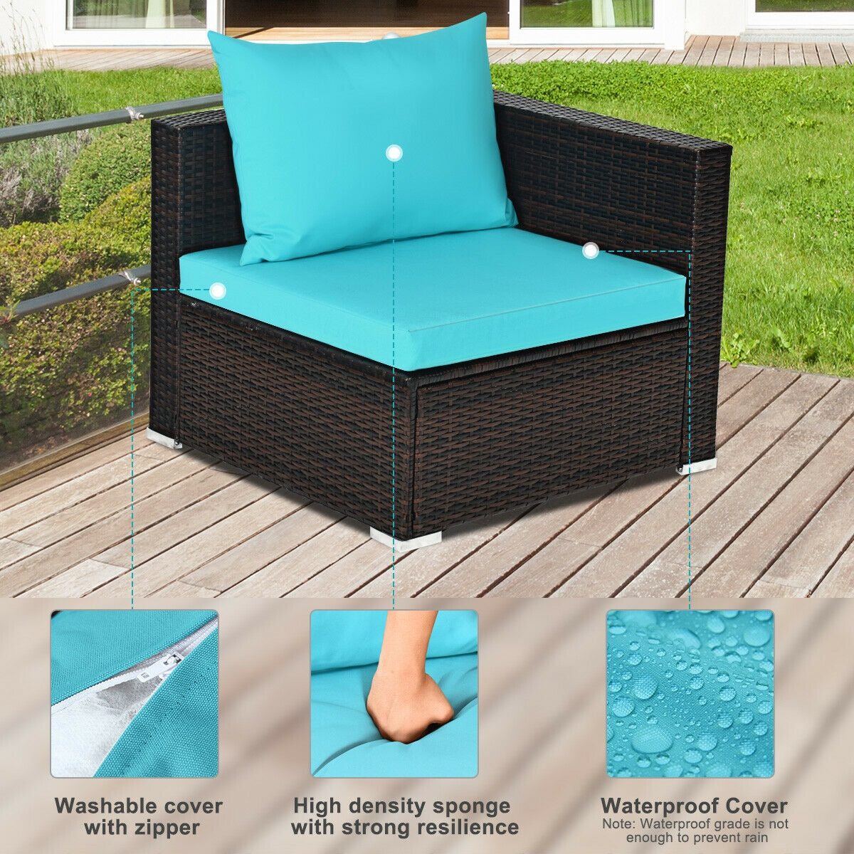 5 Pieces Patio Rattan Sectional Furniture Set with Cushions and Coffee Table -Navy