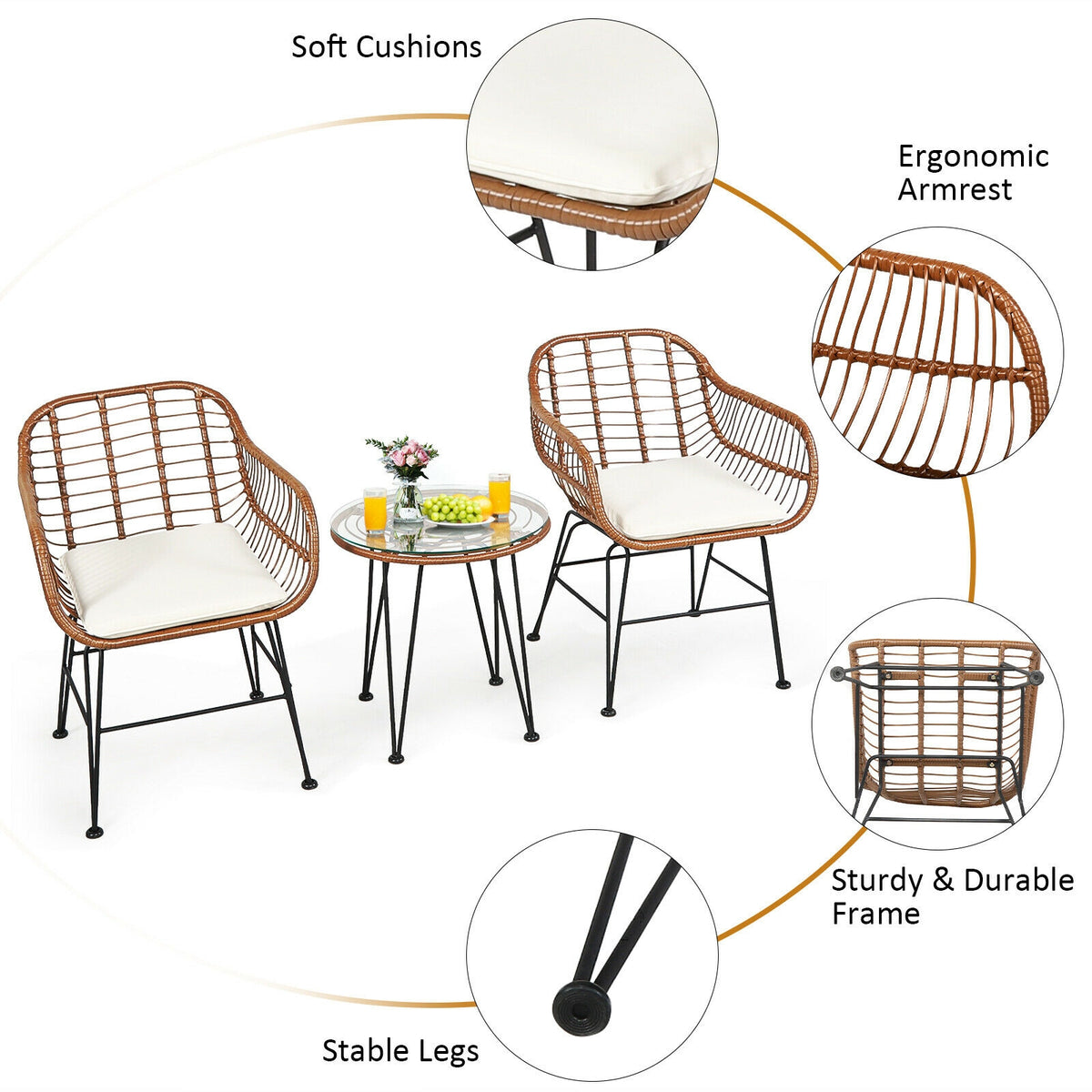 3 Pieces Patio Rattan Bistro Set with Cushion-White