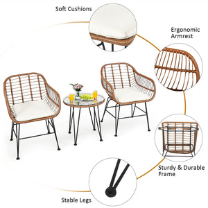3 Pieces Patio Rattan Bistro Set with Cushion-White
