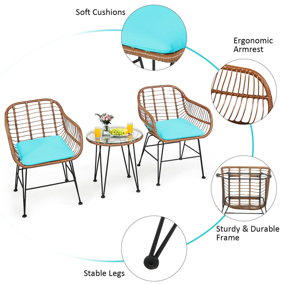 3 Pieces Patio Rattan Bistro Set with Cushion-Turquoise