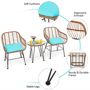 3 Pieces Patio Rattan Bistro Set with Cushion-Turquoise