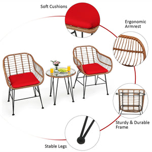 3 Pieces Patio Rattan Bistro Set with Cushion-Red