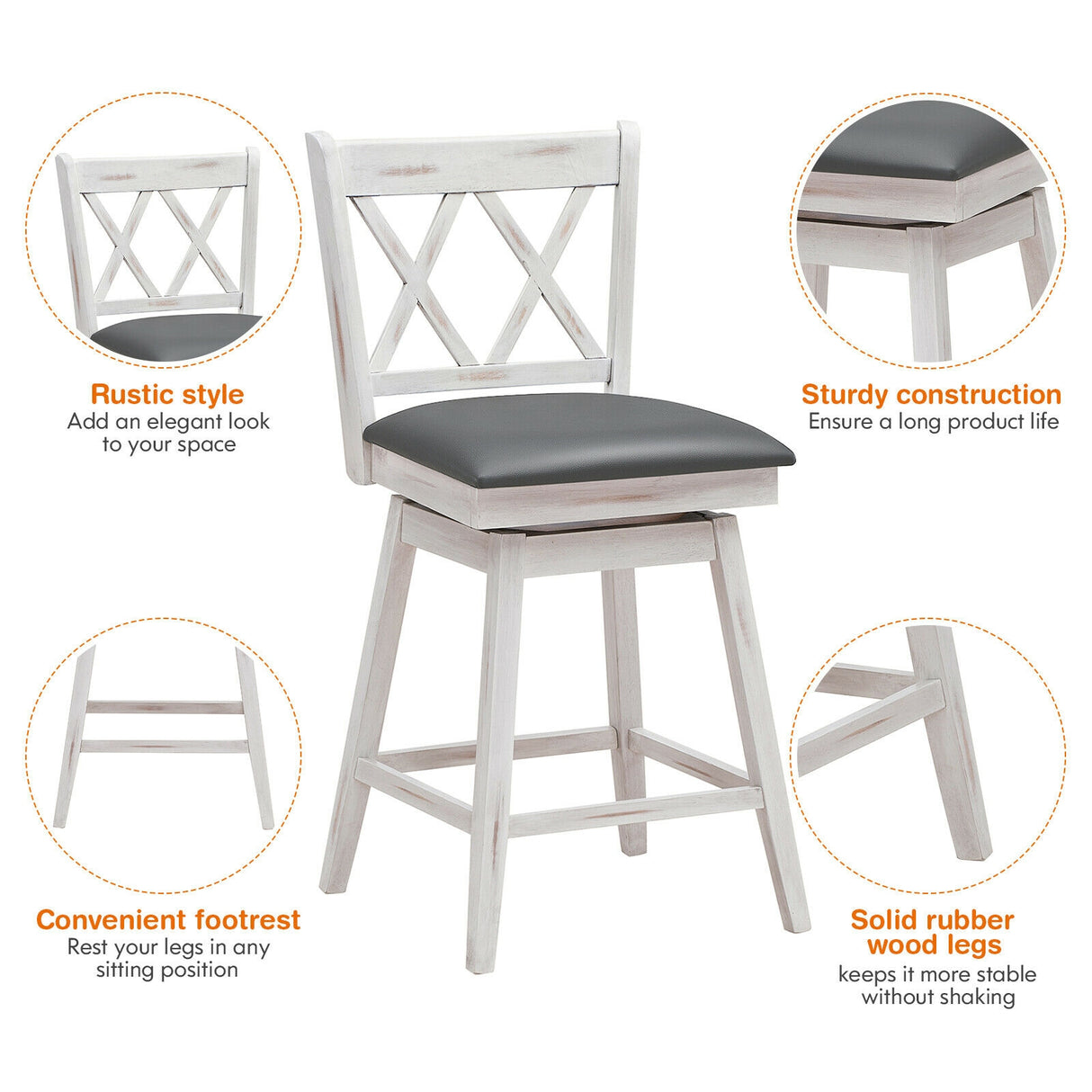 2 Pieces 24 Inch Swivel Counter Height Barstool Set with Rubber Wood Legs-Black