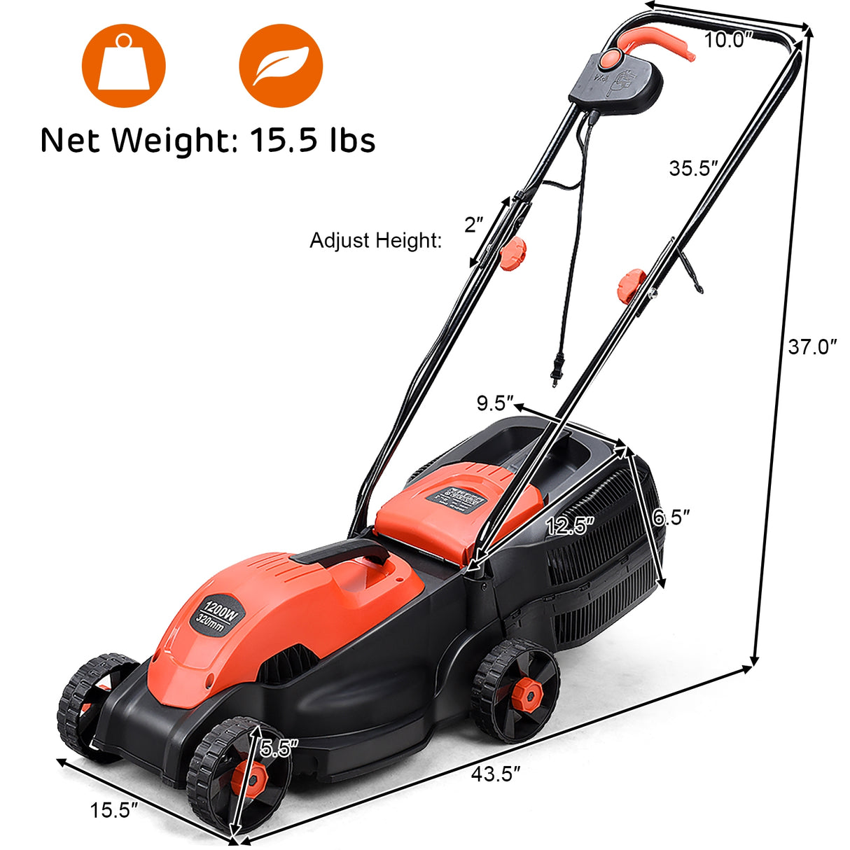 13 Inch Electric Push Lawn Corded Mower with Grass Bag-Green