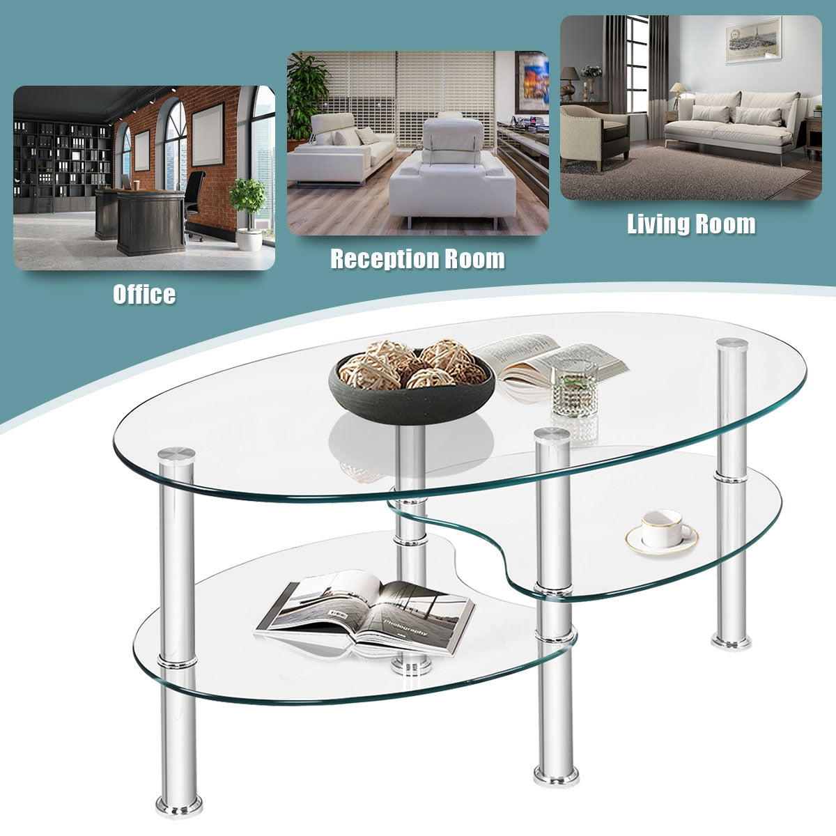 Tempered Glass Oval Side Coffee Table-Black