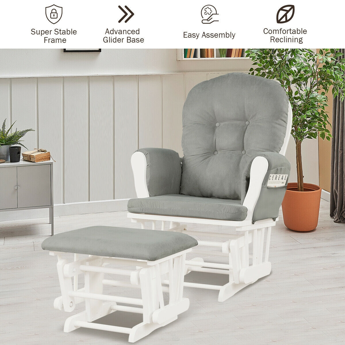 Wood Glider and Ottoman Set with Padded Armrests and Detachable Cushion-Brown