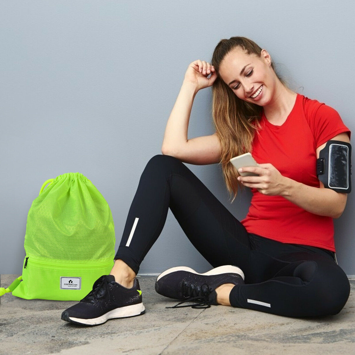 Drawstring Backpack String Bag Foldable Sports Sack with Zipper Pocket-Black