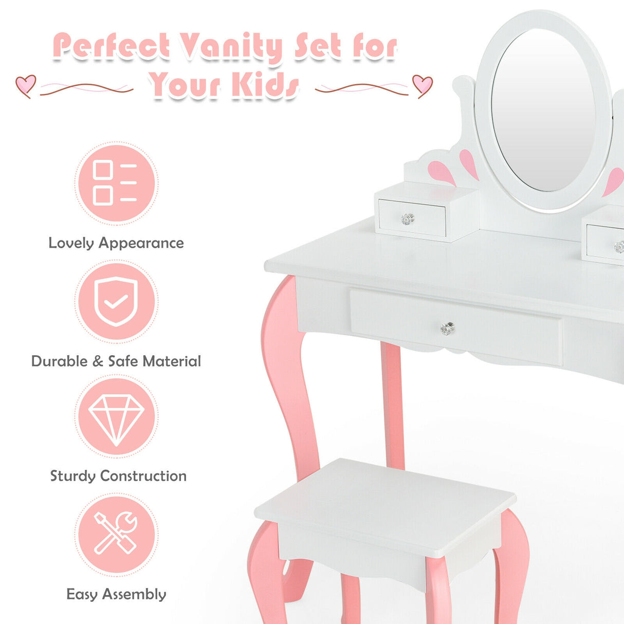 Kids Vanity Princess Makeup Dressing Table Stool Set with Mirror and Drawer-Pink