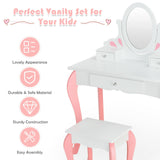 Kids Vanity Princess Makeup Dressing Table Stool Set with Mirror and Drawer-Pink