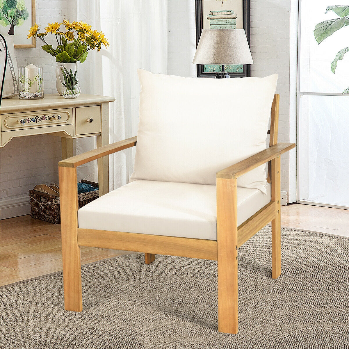 Outdoor 4 Pieces Acacia Wood Chat Set with Water Resistant Cushions-Gray