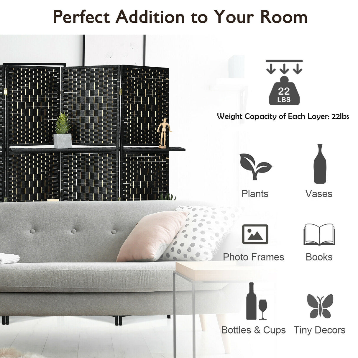 6 Panel Folding Weave Fiber Room Divider with 2 Display Shelves -Brown
