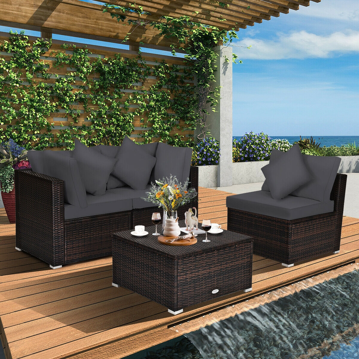 4 Pcs Ottoman Garden Deck Patio Rattan Wicker Furniture Set Cushioned Sofa-White