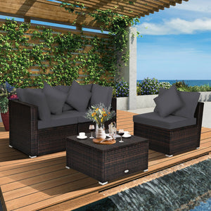 4 Pcs Ottoman Garden Deck Patio Rattan Wicker Furniture Set Cushioned Sofa-White