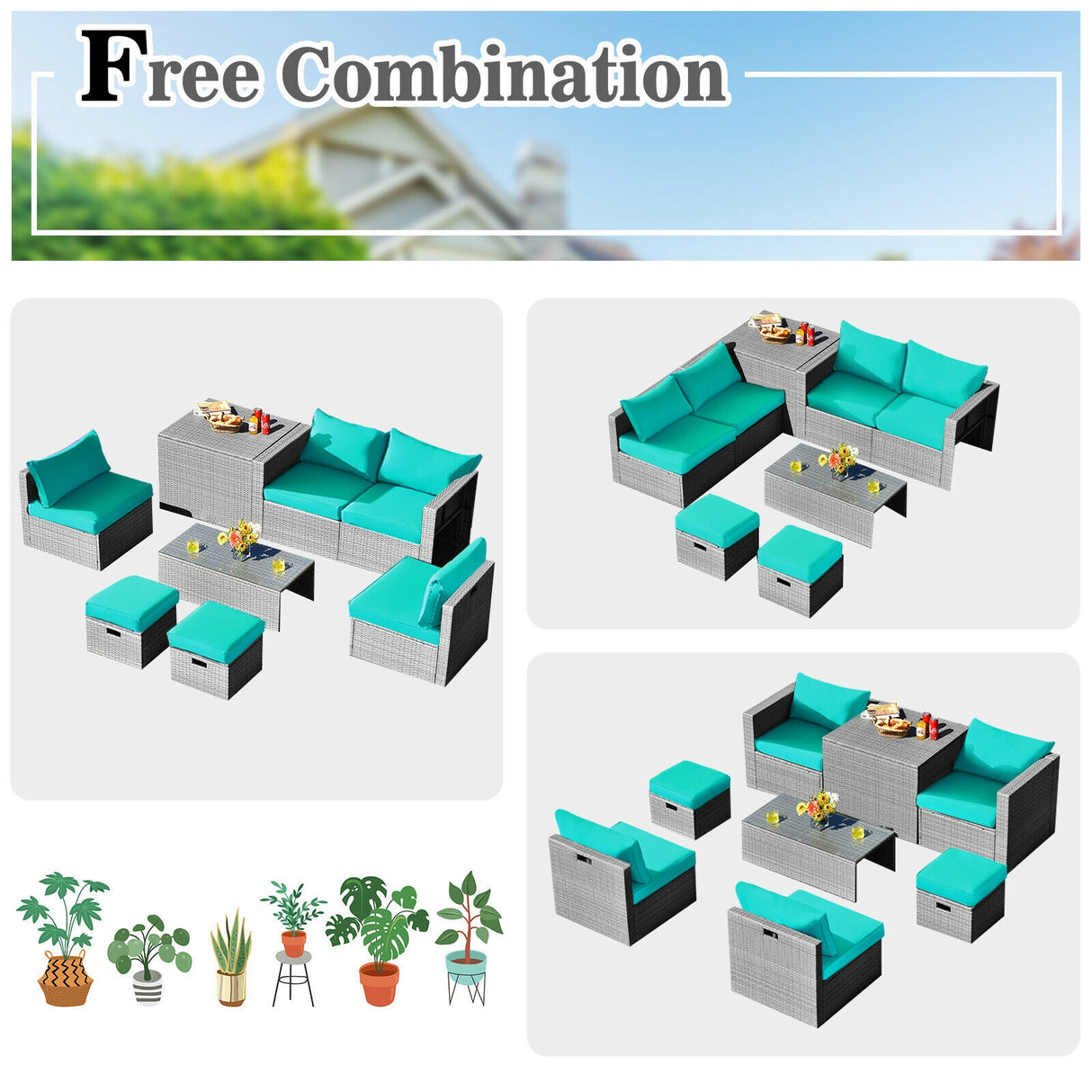 8 Pieces Patio Rattan Furniture Set with Storage Waterproof Cover and Cushion-Black
