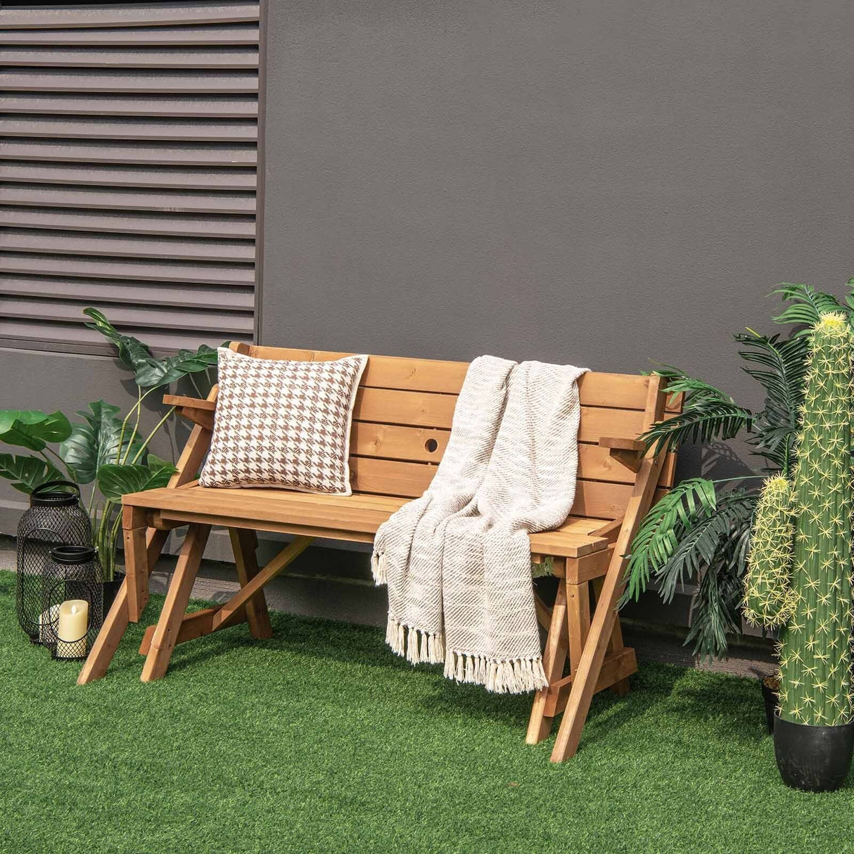 2-in-1 Transforming Interchangeable Wooden Picnic Table Bench with Umbrella Hole-Dark Brown