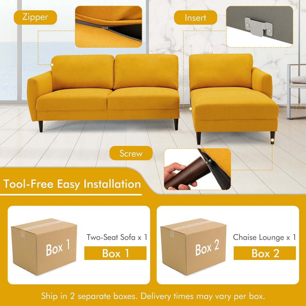 L-Shaped Fabric Sectional Sofa with Chaise Lounge and Solid Wood Legs-Navy