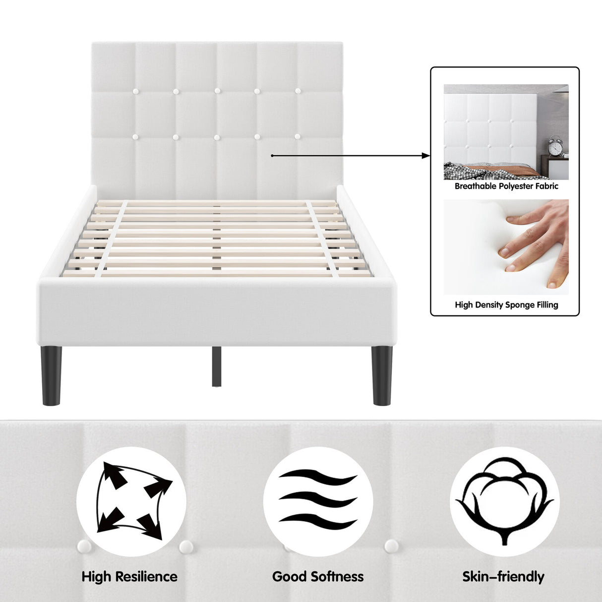 Platform Bed with Button Tufted Headboard-Gray