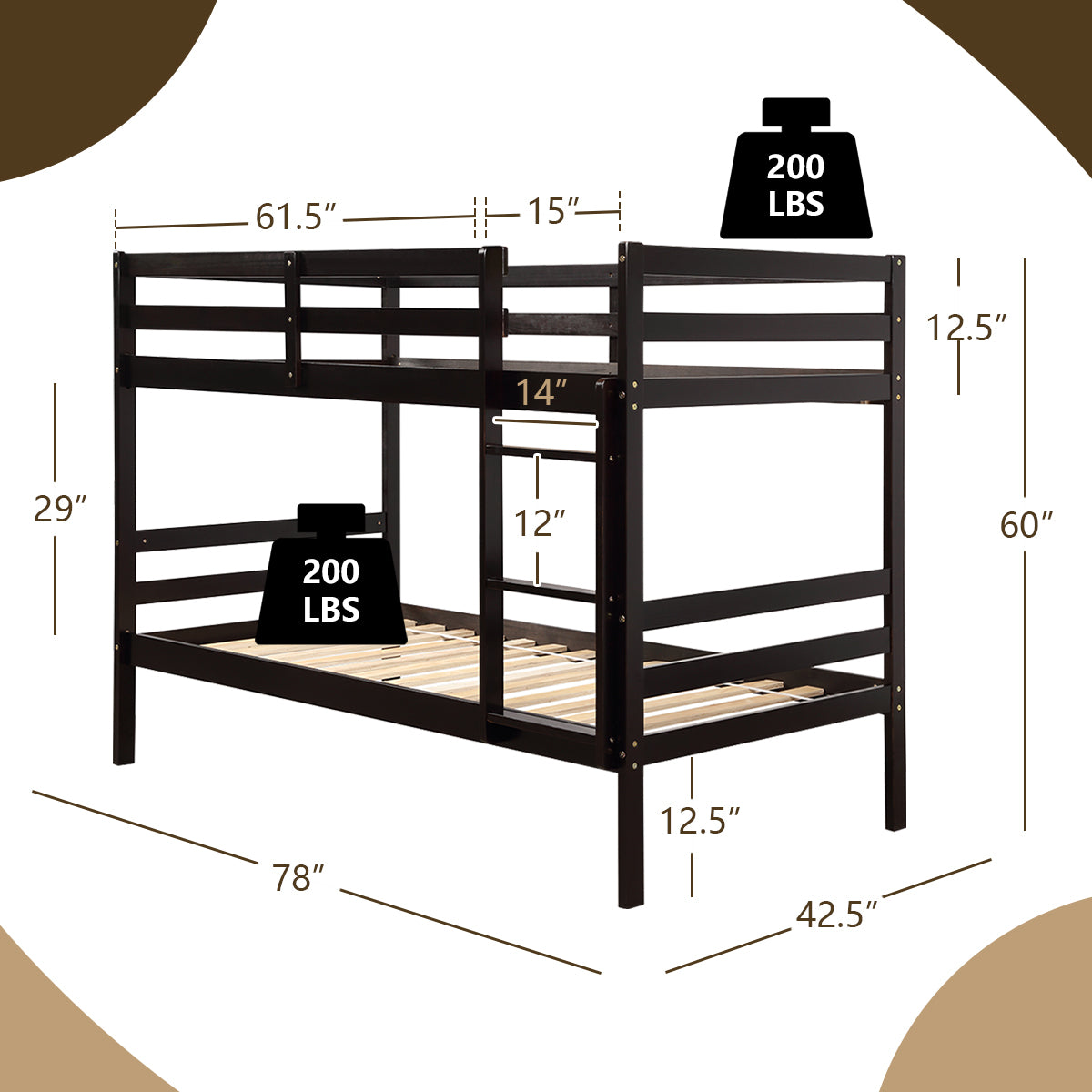 Twin Bunk Bed Children Wooden Bunk Beds Solid Hardwood-White