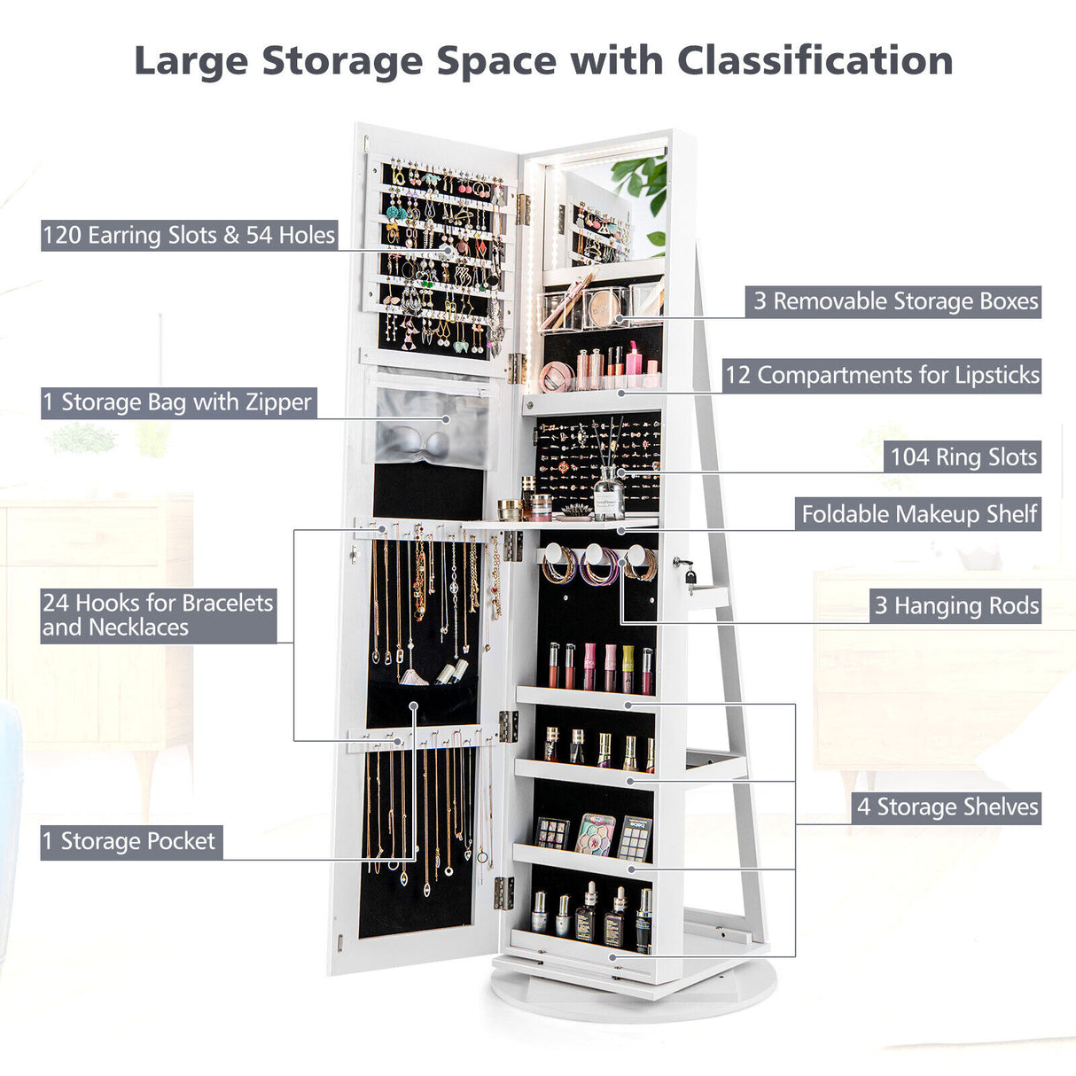 360 ° Rotating Mirrored Jewelry Cabinet Armoire 3 Color LED Modes Lockable-White