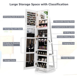 360 ° Rotating Mirrored Jewelry Cabinet Armoire 3 Color LED Modes Lockable-White