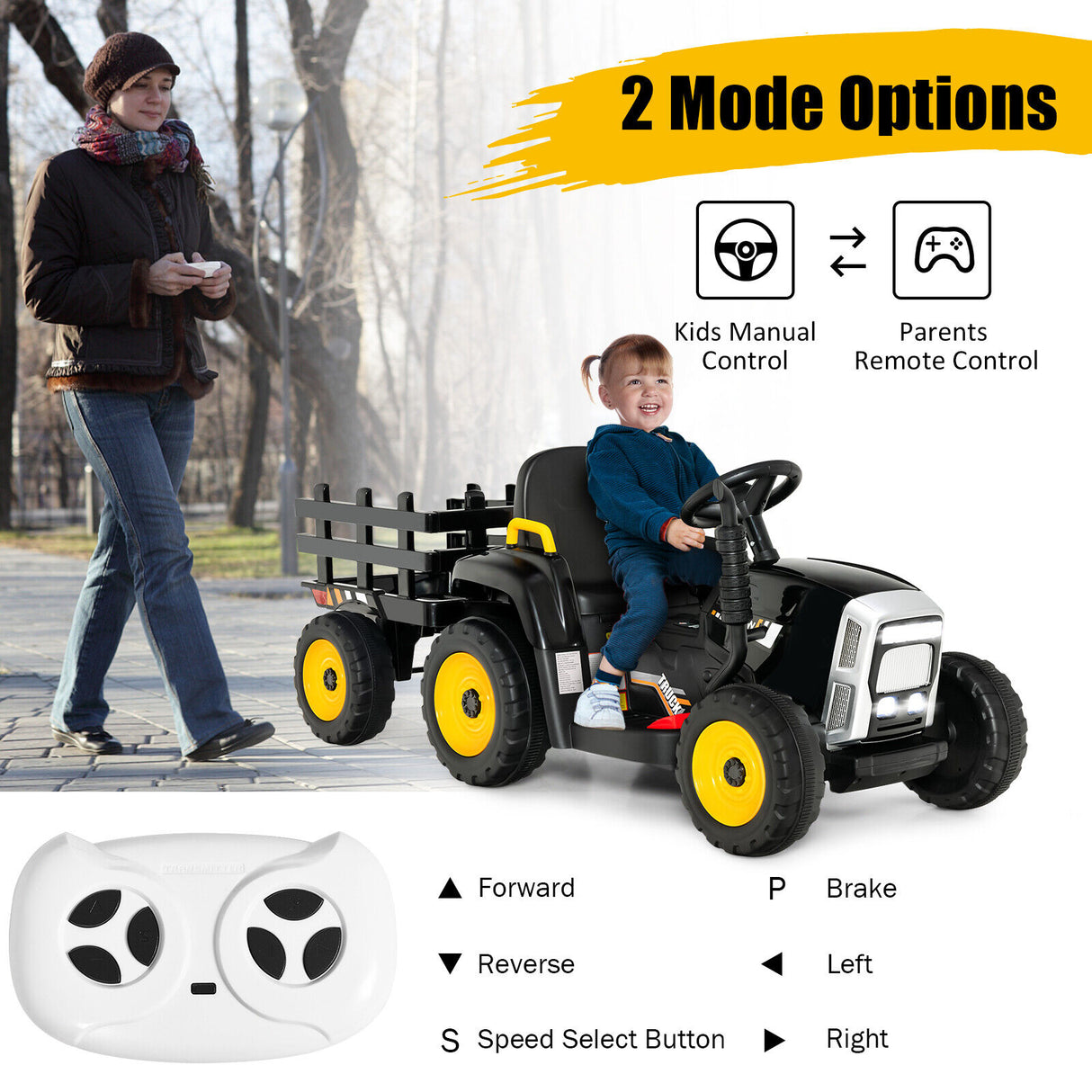 12V Ride on Tractor with 3-Gear-Shift Ground Loader for Kids 3+ Years Old-Green
