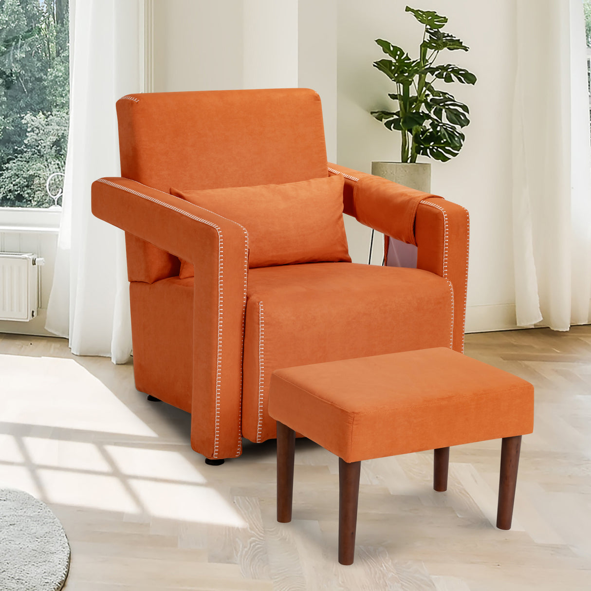 Modern Berber Fleece Single Sofa Chair with Ottoman and Waist Pillow-Blue