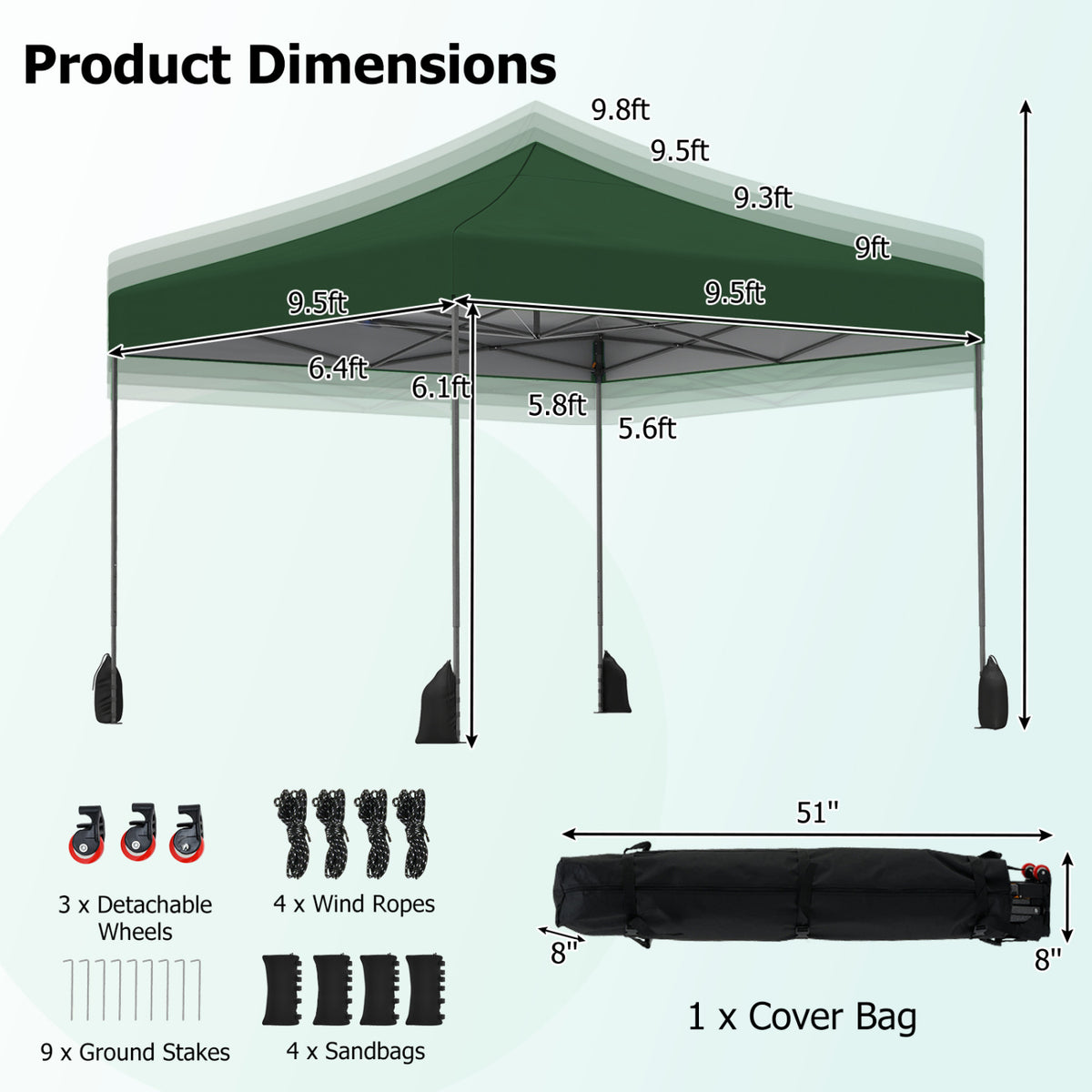 9.5 x 9.5 Feet Pop up Canopy Tent with Adjustable Heights-Green
