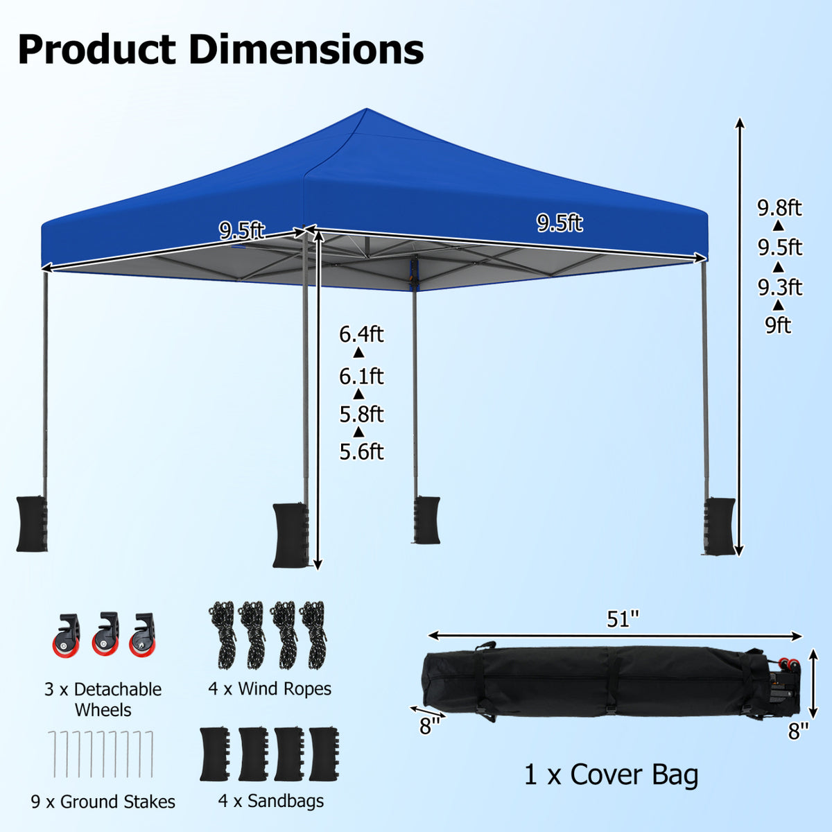 9.5 x 9.5 Feet Pop up Canopy Tent with Adjustable Heights-Blue