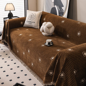 Chenille Camellia Floral Sofa Throw Cover Couch Blanket with Striped Jacquard