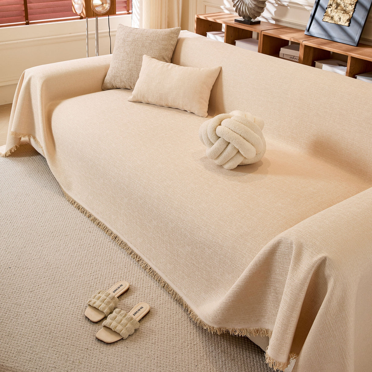 Natural Textured Linen Couch Cover, Breathable & Hypoallergenic Furniture Protector