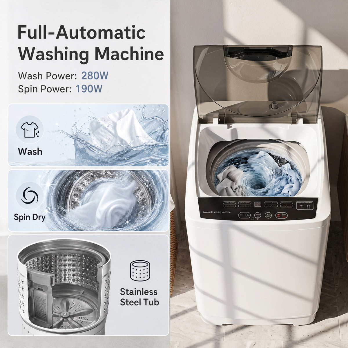 9.93 lbs Full Automatic Washing Machine with 8 Preset Programs-White