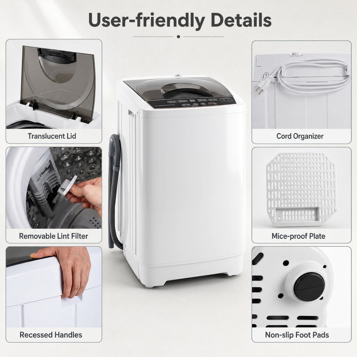 9.93 lbs Full Automatic Washing Machine with 8 Preset Programs-White