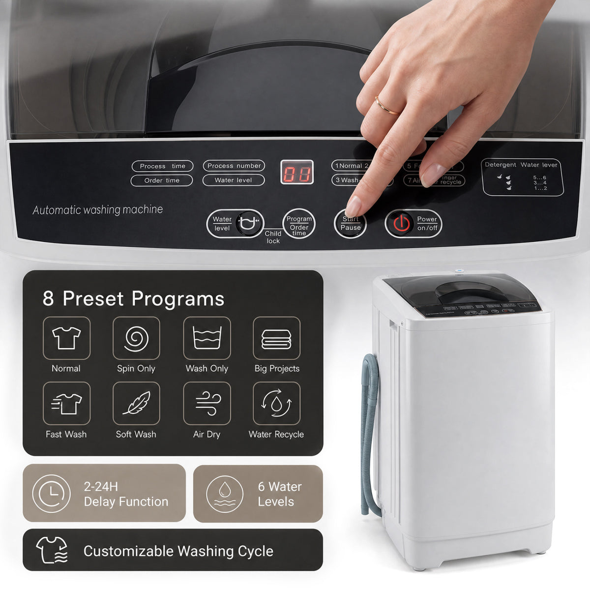 9.93 lbs Full Automatic Washing Machine with 8 Preset Programs-Gray