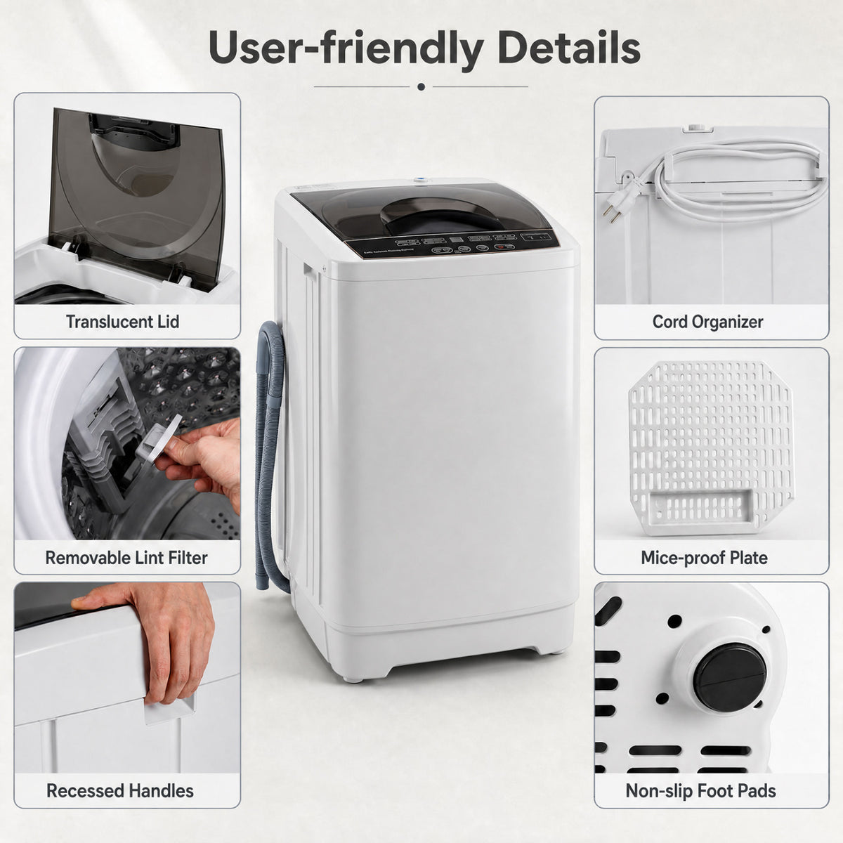 9.93 lbs Full Automatic Washing Machine with 8 Preset Programs-Gray