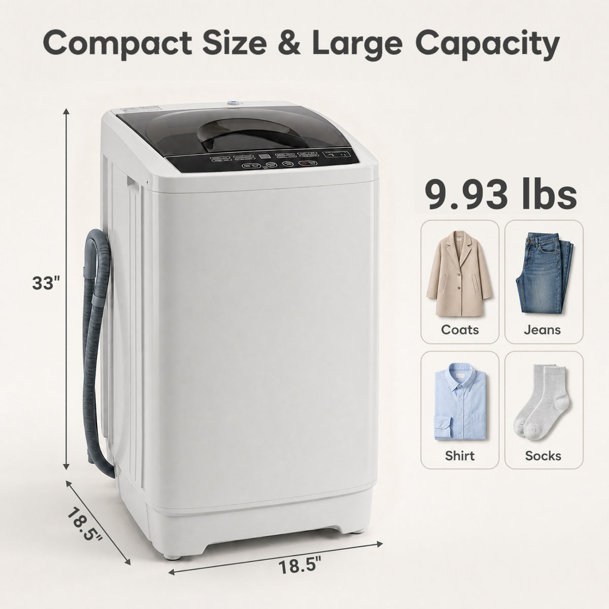 9.93 lbs Full Automatic Washing Machine with 8 Preset Programs-Gray