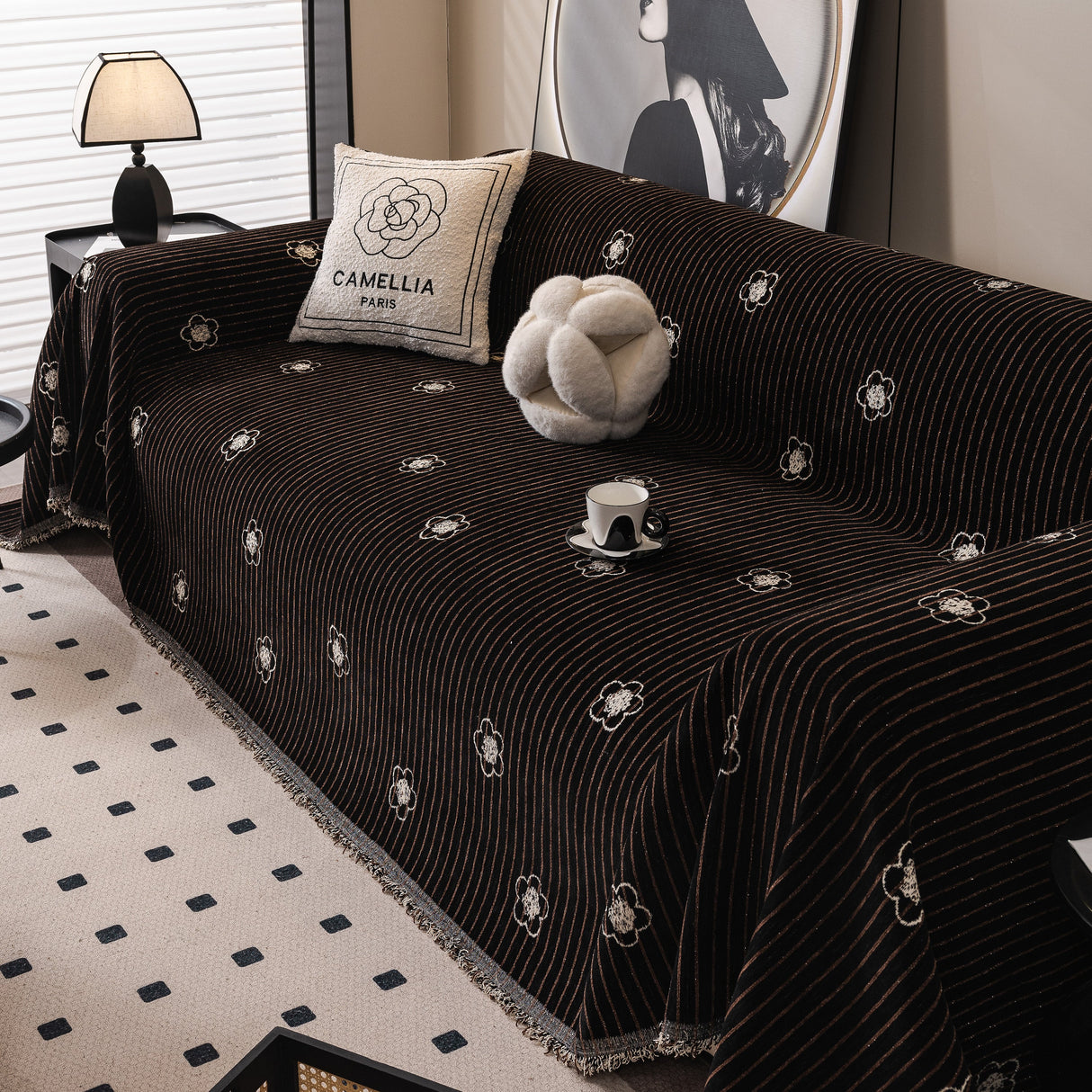 Chenille Camellia Floral Sofa Throw Cover Couch Blanket with Striped Jacquard