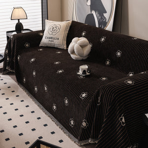 Chenille Camellia Floral Sofa Throw Cover Couch Blanket with Striped Jacquard