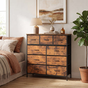 9-Drawer Fabric Dresser with Wooden Top for Bedroom-Rustic Brown