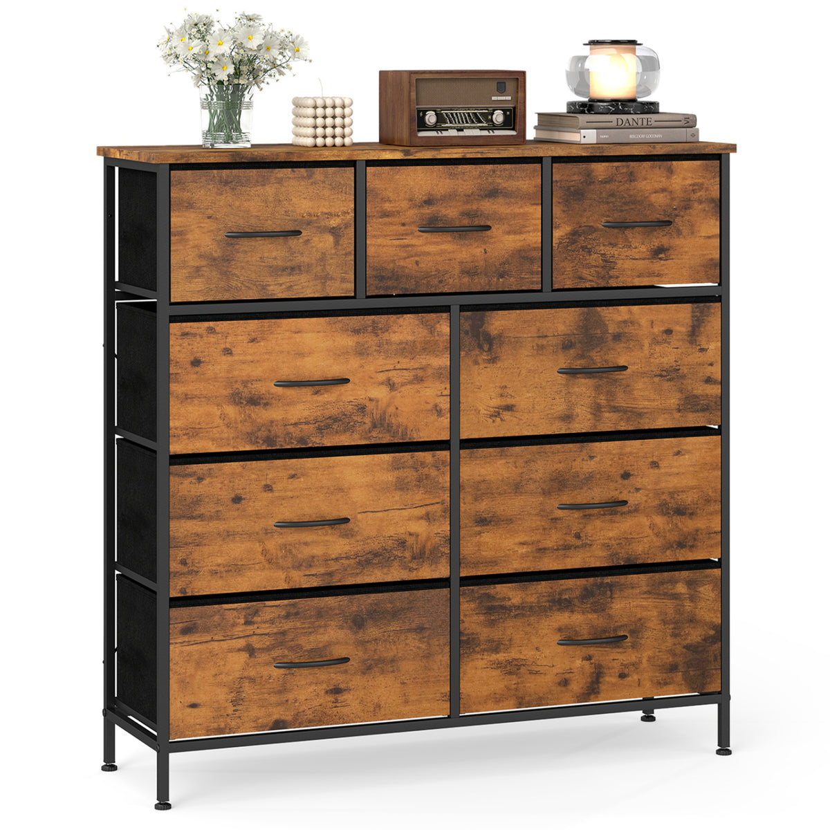 9-Drawer Fabric Dresser with Wooden Top for Bedroom-Rustic Brown