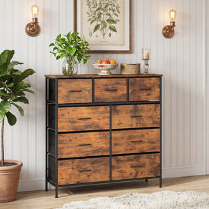 9-Drawer Fabric Dresser with Wooden Top for Bedroom-Rustic Brown