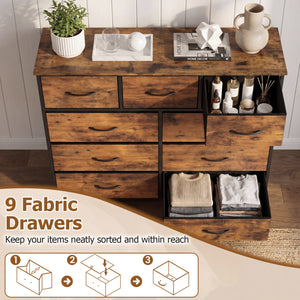 9-Drawer Fabric Dresser with Wooden Top for Bedroom-Rustic Brown