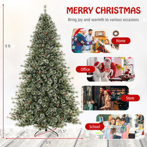 6/7.5/9 FT Artificial Christmas Tree Pre-Lit Hinged Holiday Tree with 360 ° Quick Power Connector-9ft