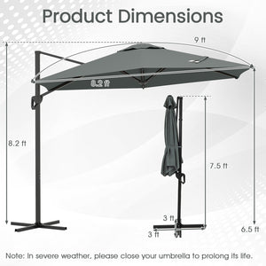 9 FT Cantilever Patio Umbrella with Vented Top and Sun-Protective Canopy-Gray